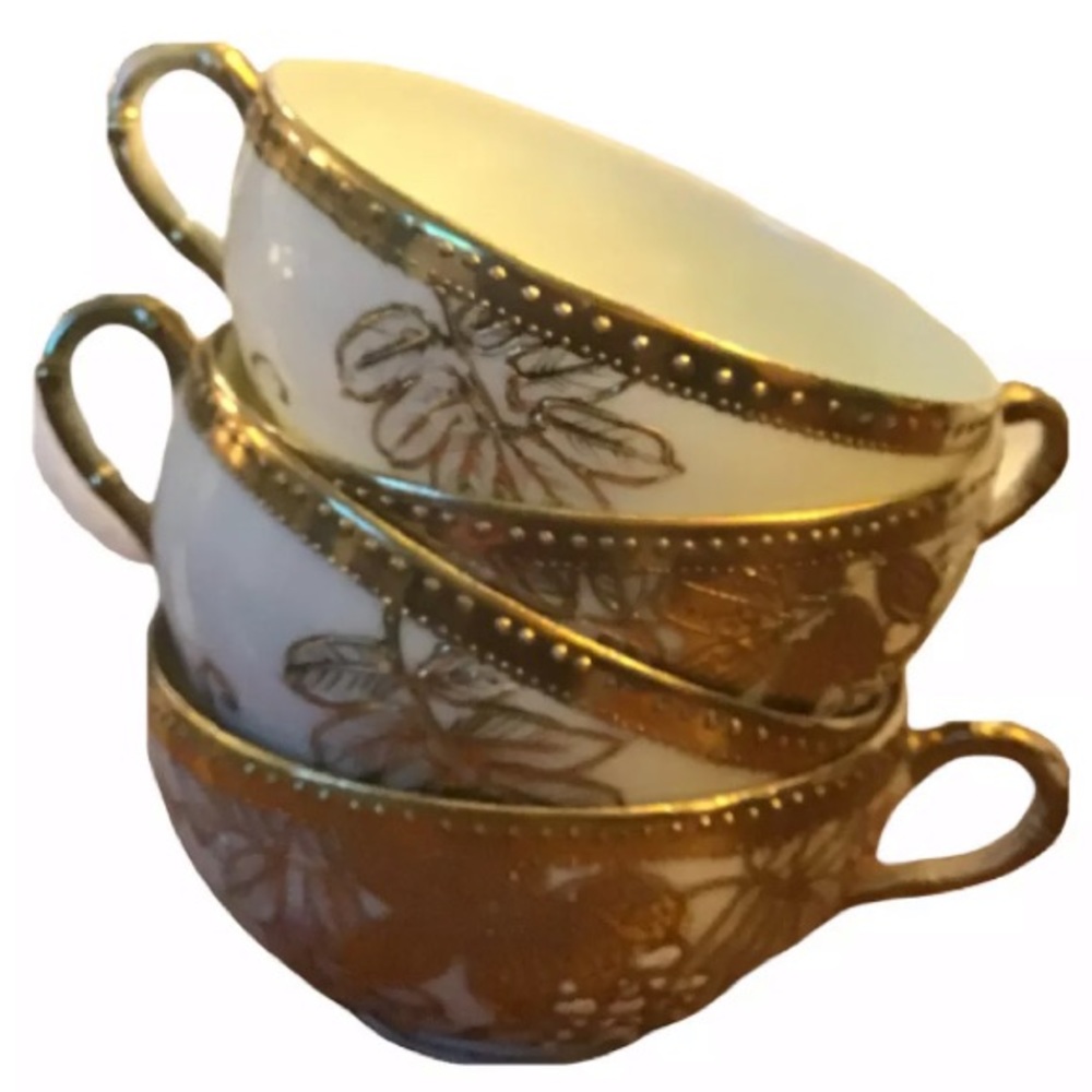 Vintage 4 Tea Cups Nippon Hand Painted - Gold Floral